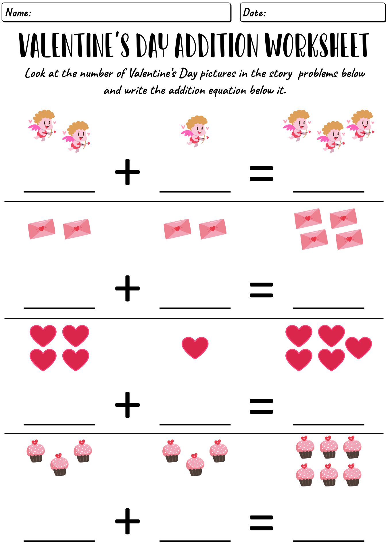 First Grade Valentine Addition Printable Activities