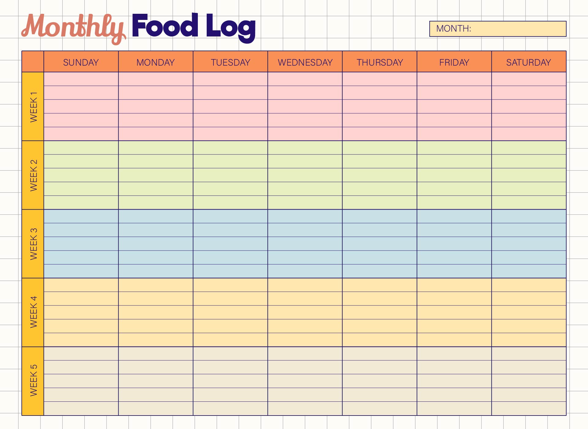 Monthly Diet Food Log Printable