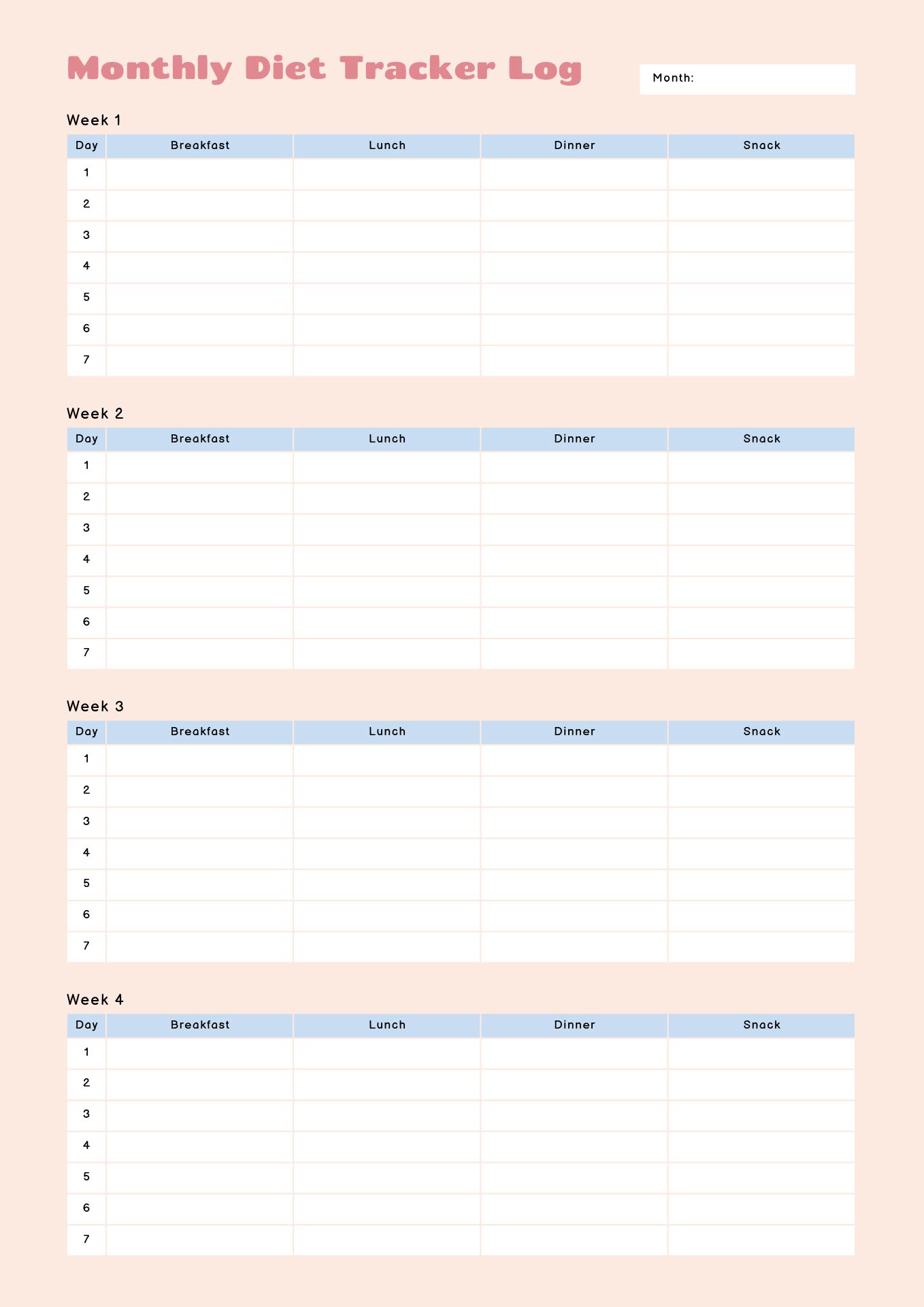 Monthly Diet Tracker Log Printable