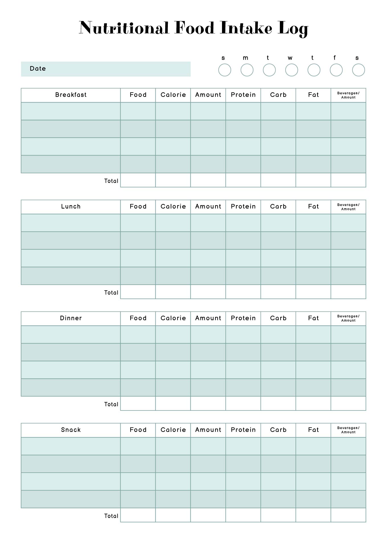 Nutritional Food Intake Log Printable