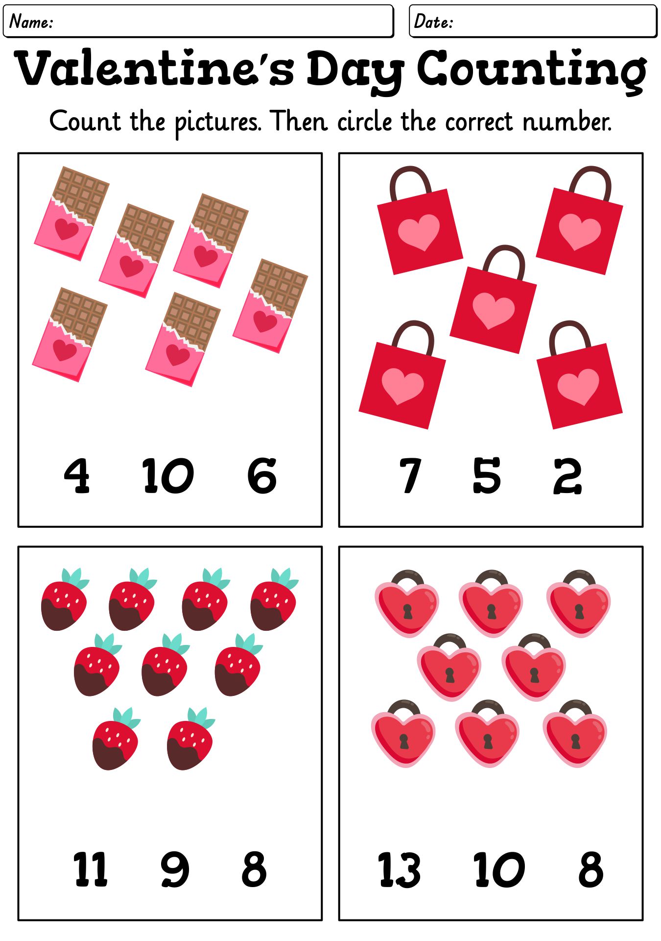 Preschool Valentines Day Counting Practice Sheets