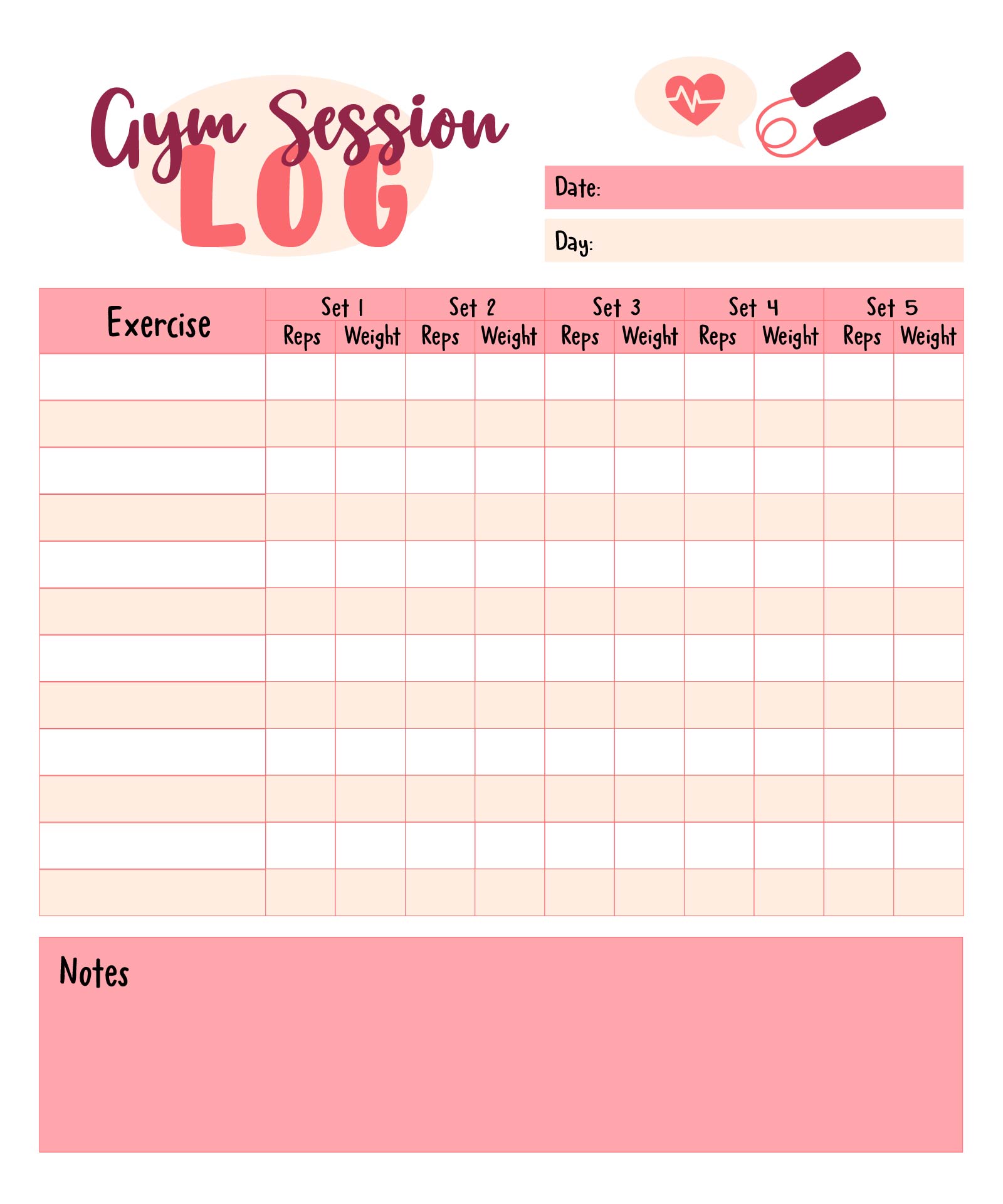 Printable Blank Gym Session Logs