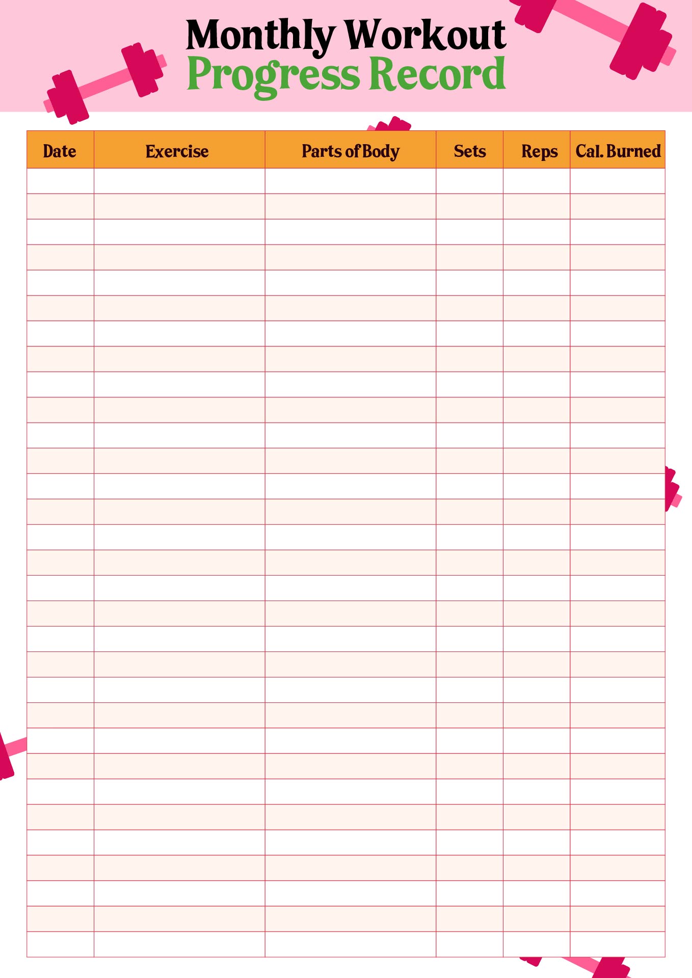 Printable Monthly Workout Progress Records