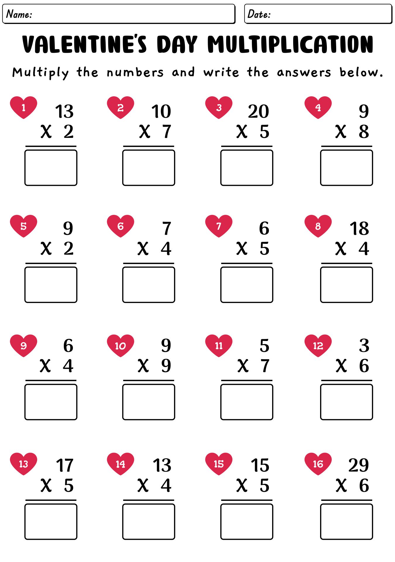 Second Grade Valentines Day Multiplication Exercises