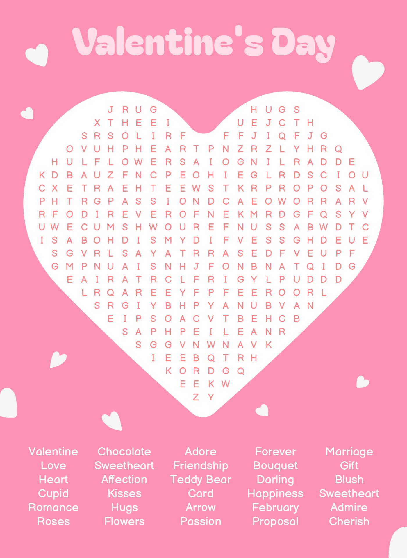 Valentines Day Heart-Shaped Word Search Puzzles Printable