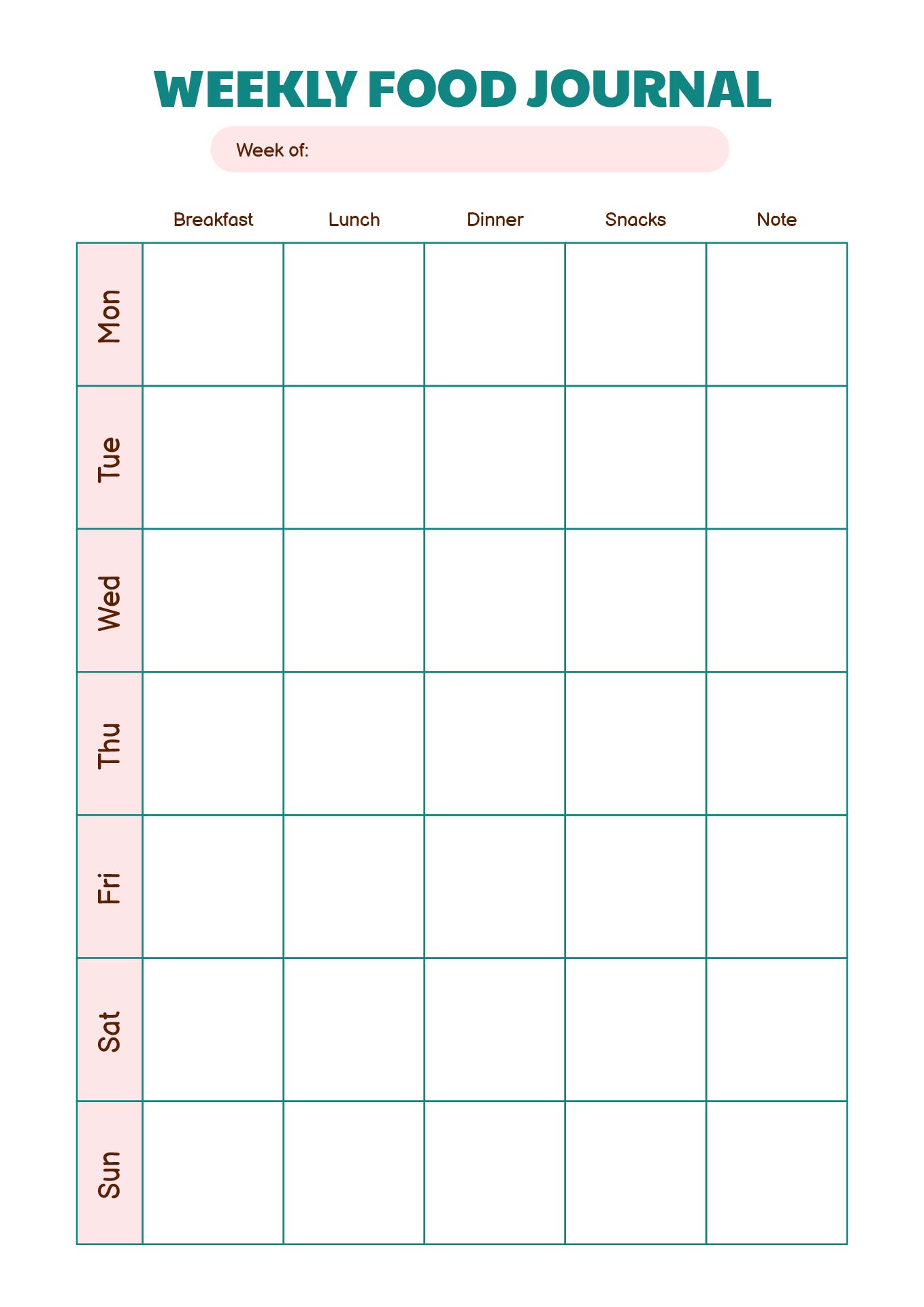 Weekly Diet Food Journal Printable