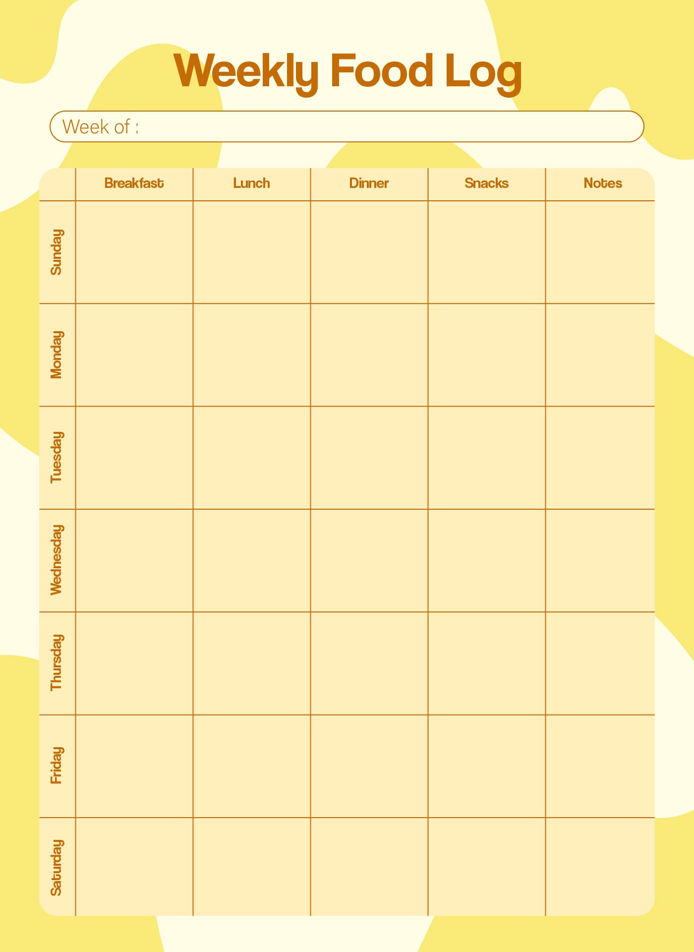 Weekly Diet Food Log Printable