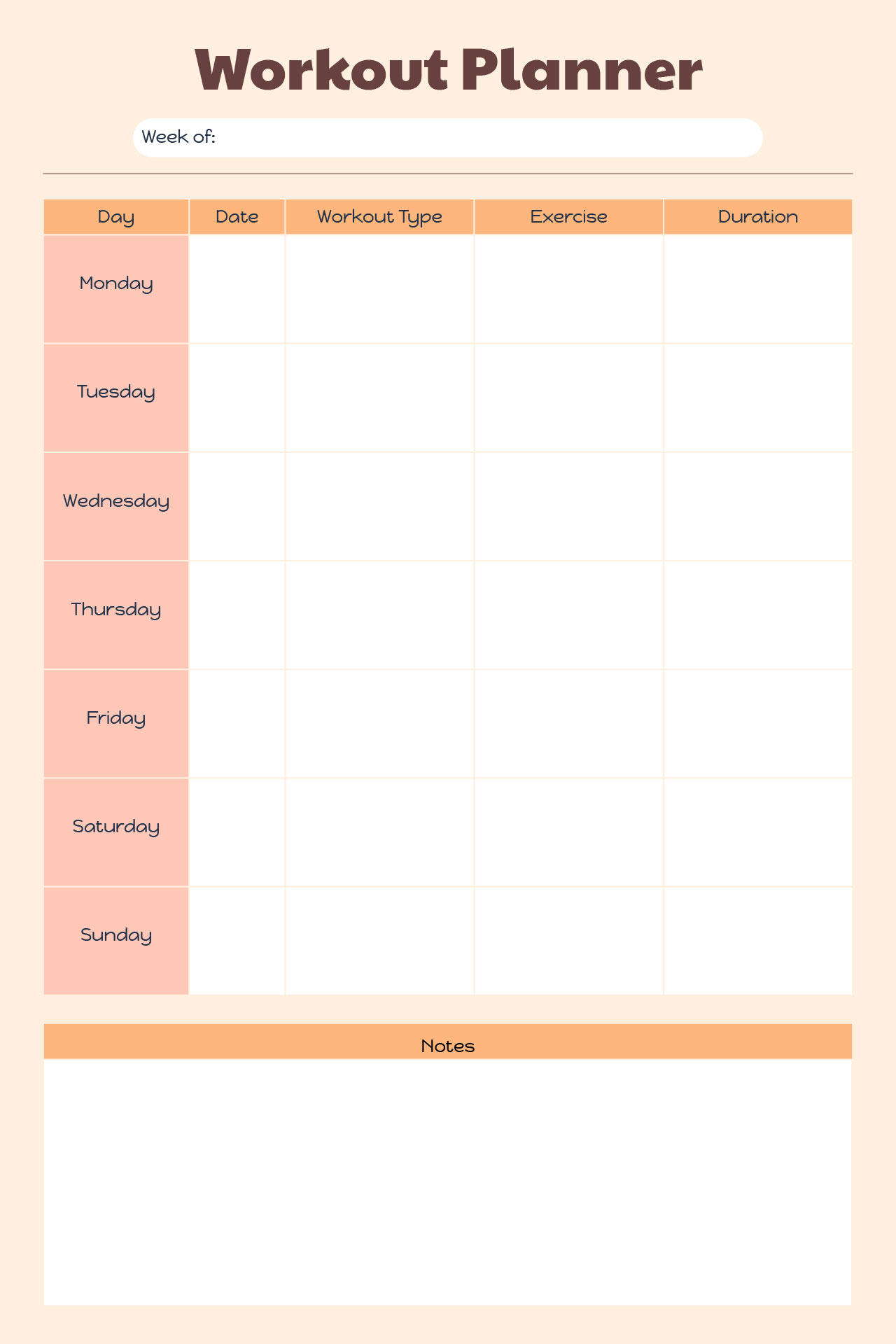 Blank Workout Calendar Template