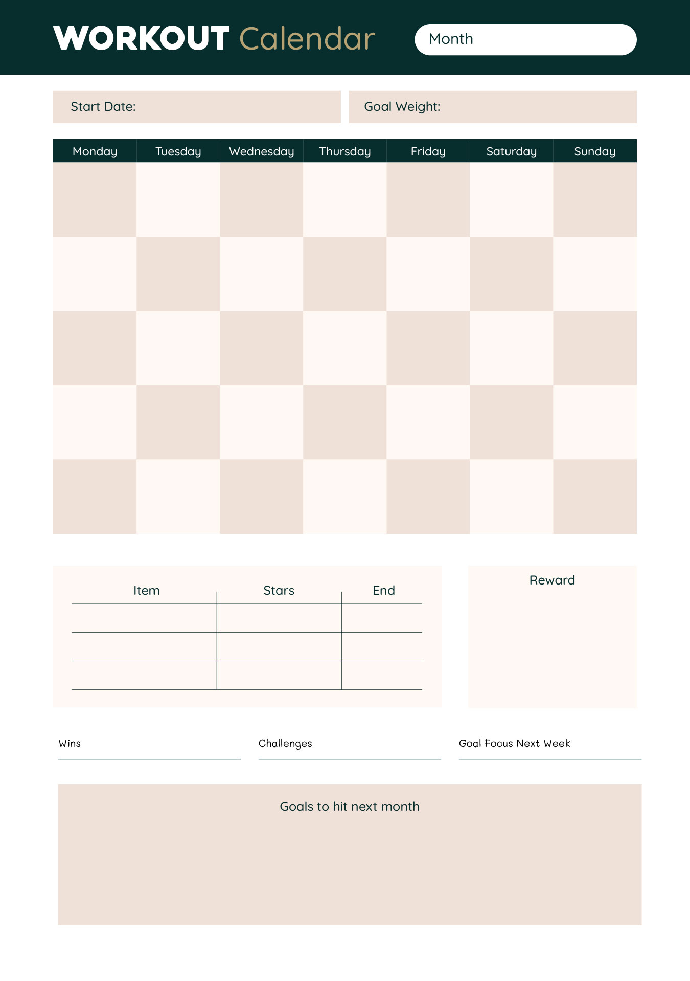 Monthly Workout Calendar