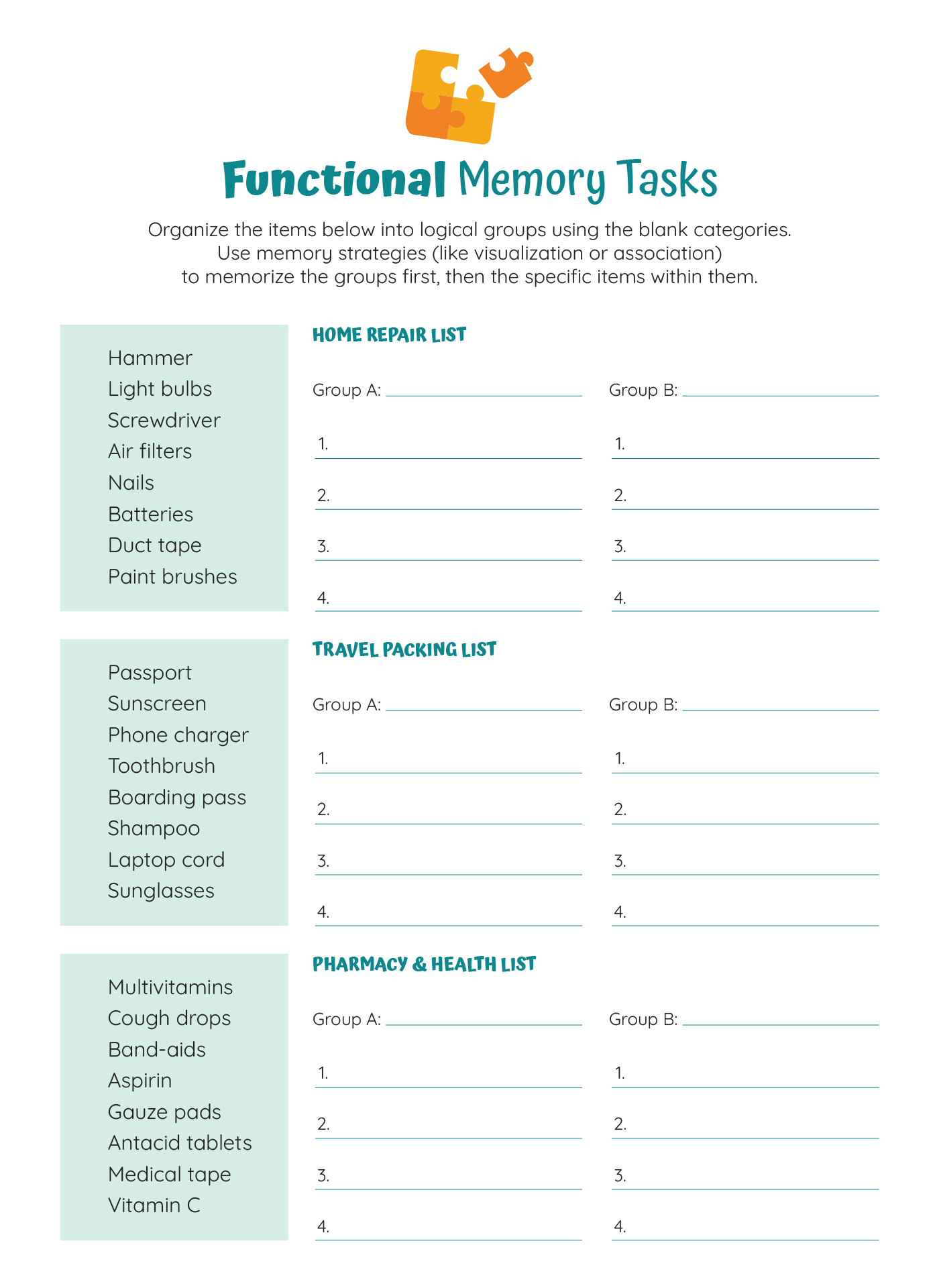 Easy Adult Cognitive Worksheets